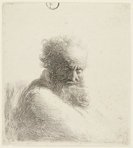 Popiersie starszego mężczyzny, spoglądającego w dół, w ujęciu z trzech czwartych w prawo autorstwa Rembrandt van Rijn