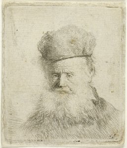 Popiersie starca w futrzanej czapce i powiewającej brodzie, prawie pełna twarz autorstwa Rembrandt van Rijn