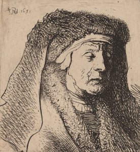 Popiersie staruszki w futrzanym płaszczu i ciężkim nakryciu głowy, 1631. autorstwa Rembrandt van Rijn