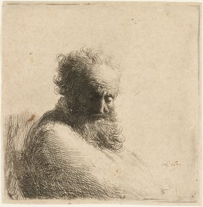 Popiersie starego brodatego mężczyzny, patrzącego w dół, w trzech czwartych w prawo, 1631. autorstwa Rembrandt van Rijn