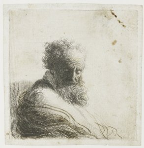 Popiersie starego brodatego mężczyzny, patrzącego w dół, w trzech czwartych w prawo autorstwa Rembrandt van Rijn