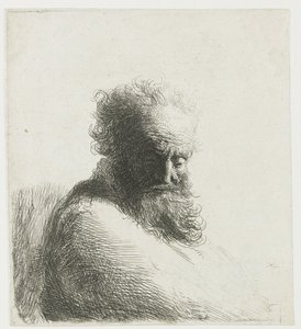 Popiersie starego brodatego mężczyzny, patrzącego w dół, w trzech czwartych w prawo autorstwa Rembrandt van Rijn