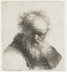 Popiersie starca z rozwianą brodą i białym rękawem autorstwa Rembrandt van Rijn