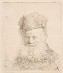 Popiersie starszego mężczyzny w futrzanej czapce i z długą brodą: ujęcie niemal z przodu: wzrok skierowany prosto przed siebie autorstwa Rembrandt van Rijn