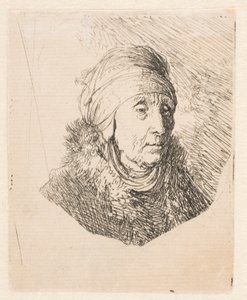 Popiersie starszej kobiety w wysokim nakryciu głowy zawiązanym pod brodą autorstwa Rembrandt van Rijn