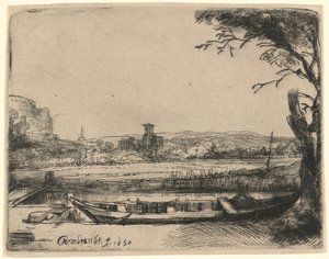 Kanał z dużą łodzią i mostem autorstwa Rembrandt van Rijn