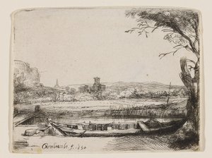 Kanał z dużą łodzią i mostem autorstwa Rembrandt van Rijn
