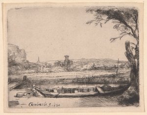 Kanał z dużą łodzią i mostem autorstwa Rembrandt van Rijn