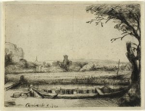 Kanał z dużą łodzią i mostem autorstwa Rembrandt van Rijn
