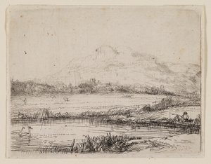Kanał z wędkarzem i dwoma łabędziami autorstwa Rembrandt van Rijn
