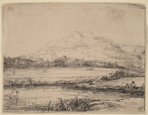 Kanał z wędkarzem i dwoma łabędziami autorstwa Rembrandt van Rijn