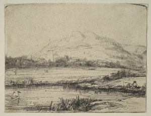 Kanał z wędkarzem i dwoma łabędziami, 1650. autorstwa Rembrandt van Rijn