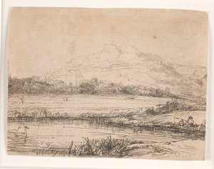 Kanał z wędkarzem i dwoma łabędziami autorstwa Rembrandt van Rijn