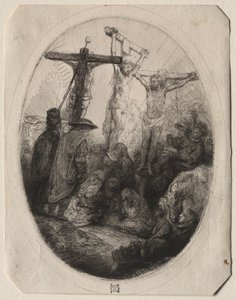 Chrystus ukrzyżowany między dwoma złodziejami: owalna płyta, c. 1641. autorstwa Rembrandt van Rijn