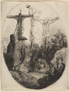 Chrystus ukrzyżowany między dwoma złodziejami, talerz owalny, ca. 1641. autorstwa Rembrandt van Rijn