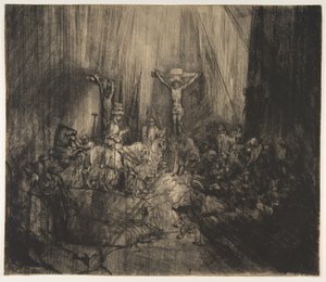 Chrystus ukrzyżowany między dwoma złodziejami: trzy krzyże, ca. 1660. autorstwa Rembrandt van Rijn