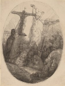 Chrystus ukrzyżowany między dwojgiem złodziei: owalna płyta, c. 1641. autorstwa Rembrandt van Rijn
