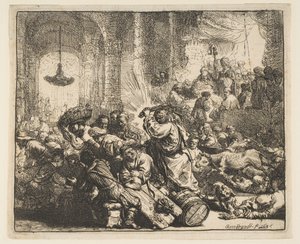 Chrystus wyprowadza wymieniających pieniądze ze świątyni, 1635. autorstwa Rembrandt van Rijn