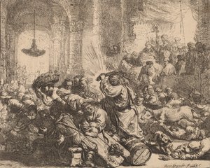 Chrystus wyprowadza wymieniających pieniądze ze świątyni, 1635. autorstwa Rembrandt van Rijn