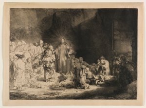 „Chrystus głoszący kazanie” (rycina „Sto guldenów”) autorstwa Rembrandt van Rijn