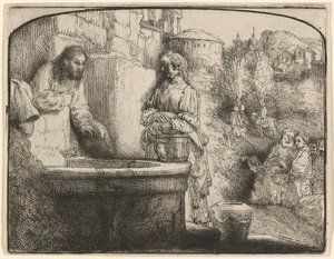 Chrystus i kobieta z Samarii: grafika łukowa autorstwa Rembrandt van Rijn