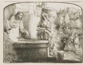 Chrystus i niewiasta Samarii: rycina łukowata autorstwa Rembrandt van Rijn