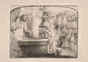 Chrystus i Samarytanka (Kompozycja zamknięta u góry łukiem) autorstwa Rembrandt van Rijn