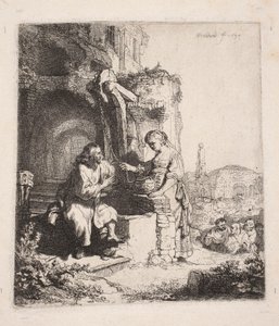 Chrystus i Samarytanka wśród ruin (rycina pionowa) autorstwa Rembrandt van Rijn