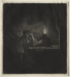 Kopia ucznia przy stole przy świecach autorstwa Rembrandt van Rijn