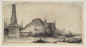 Chata i słup graniczny na Spaarndammerdijk LObelisque, ca. 1650. autorstwa Rembrandt van Rijn