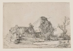 Domek wiejski i budynki gospodarcze z rysującym mężczyzną autorstwa Rembrandt van Rijn