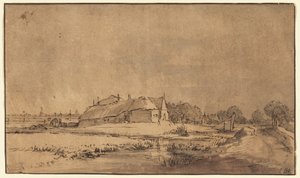 Domki i stodoła przy drodze autorstwa Rembrandt van Rijn