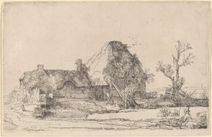 Domki i budynki gospodarcze z mężczyzną szkicującym autorstwa Rembrandt van Rijn