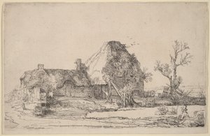 Domki letniskowe i budynki gospodarcze z rysunkiem przedstawiającym mężczyznę autorstwa Rembrandt van Rijn