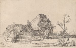 Chaty i zabudowania gospodarcze z rysunkiem mężczyzny, ok. 1930 r. 1645. autorstwa Rembrandt van Rijn