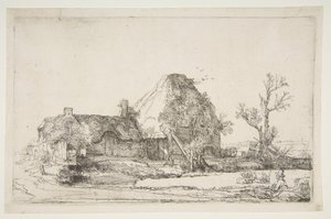 Chaty i zabudowania gospodarcze z rysownikiem mężczyzny, ok. godz. 1645. autorstwa Rembrandt van Rijn