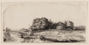 Domki i stodoła na siano na Diemerdijk ze stadem owiec autorstwa Rembrandt van Rijn