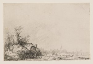 Domki nad kanałem z kościołem i żaglówką autorstwa Rembrandt van Rijn