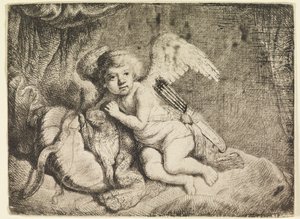 Kupidyn Odpoczynek, po obrazie wcześniej przypisywanym Rembrandtowi autorstwa Rembrandt van Rijn