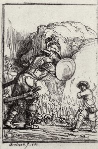 Dawid i Goliat. Ilustracja do Piedra gloriosa autorstwa Menasseha ben Israela autorstwa Rembrandt van Rijn