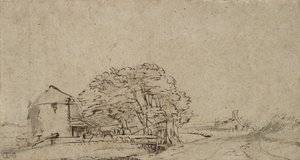 Budynek gospodarczy przy drodze z odległym gospodarstwem, 1650-69 (pióro i brązowy atrament z szarym praniem na papierze) autorstwa Rembrandt van Rijn