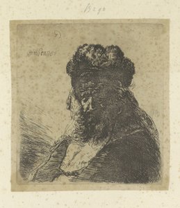 Brodaty starzec z wysokim futrzanym kapeluszem i zamkniętymi oczami Recueil de quatre-vingt-cinq estampes originales (tytuł serii) autorstwa Rembrandt van Rijn