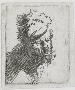 Głowa mężczyzny w futrzanej czapce, krzycząca autorstwa Rembrandt van Rijn