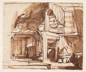 Wnętrze z krętymi schodami i siedzącym mężczyzną autorstwa Rembrandt van Rijn