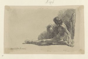 Młody mężczyzna siedzący na podłodze z jedną nogą wyprostowaną Recueil de quatre-vingt-cinq estampes originales (tytuł serii) autorstwa Rembrandt van Rijn