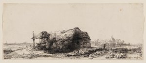 Krajobraz z domkami i stodołą na siano: podłużny autorstwa Rembrandt van Rijn