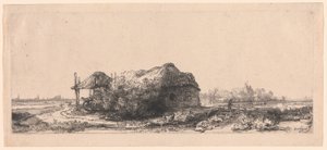 Krajobraz z domkami i stodołą na siano: podłużny autorstwa Rembrandt van Rijn