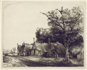 Krajobraz z dwuspadowymi domkami przy drodze, 1650 (akwaforta i suchy punkt na papierze) autorstwa Rembrandt van Rijn