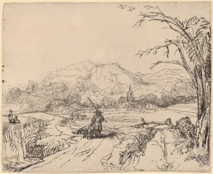 Krajobraz ze sportowcem i psem autorstwa Rembrandt van Rijn