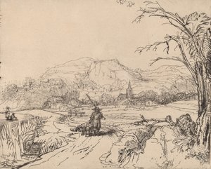 Pejzaż ze sportowcem i psem, ok. godz. 1653. autorstwa Rembrandt van Rijn
